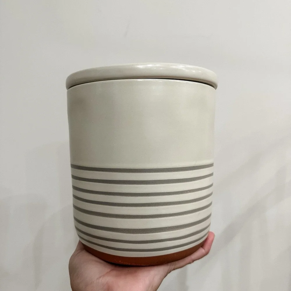 Hearth & Hand‎ Magnolia Stoneware 3 Crocks Cream & Gray Stripes w/ Lids Lg Md Sm